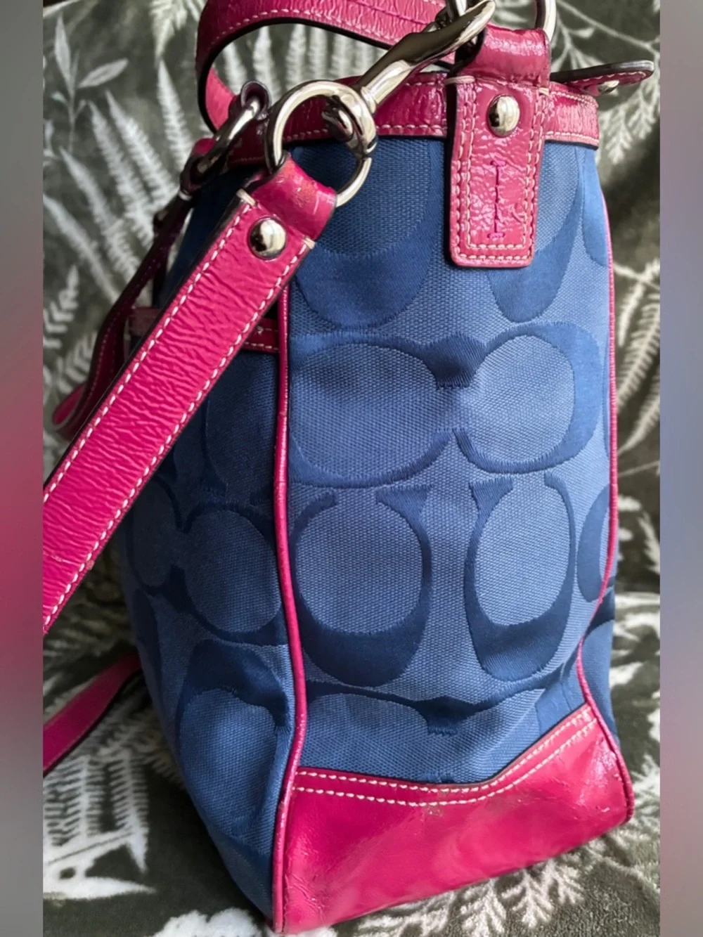 Coach Navy Signature shoulder Bag with Pink Leather Trim